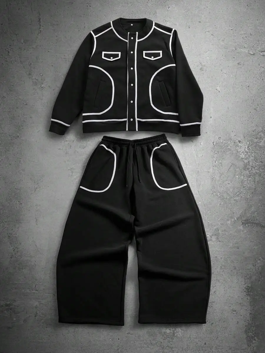 ルーズフィット コントラスト ジャケット ワイドレッグパンツ 2点セット