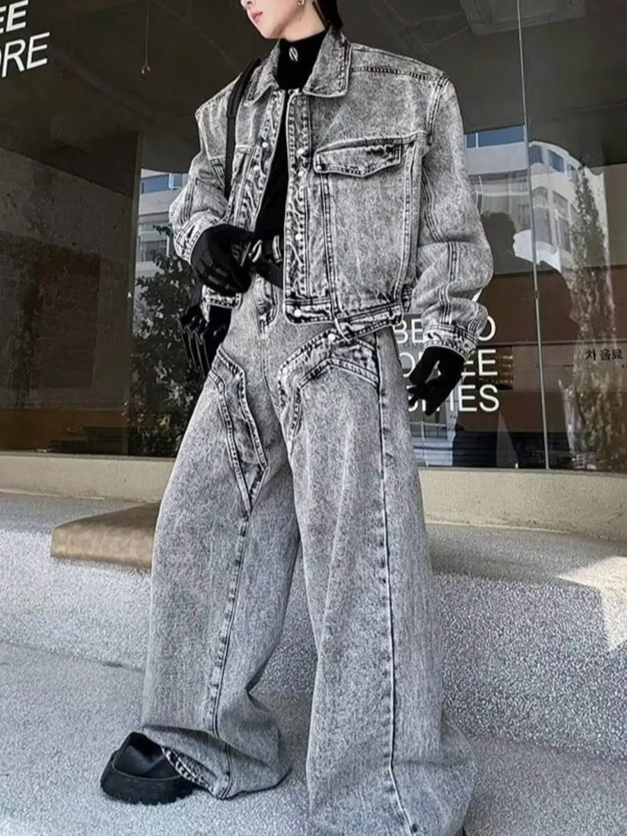 トレンディ レトロ デニムジャケット ロングパンツ セットアップ