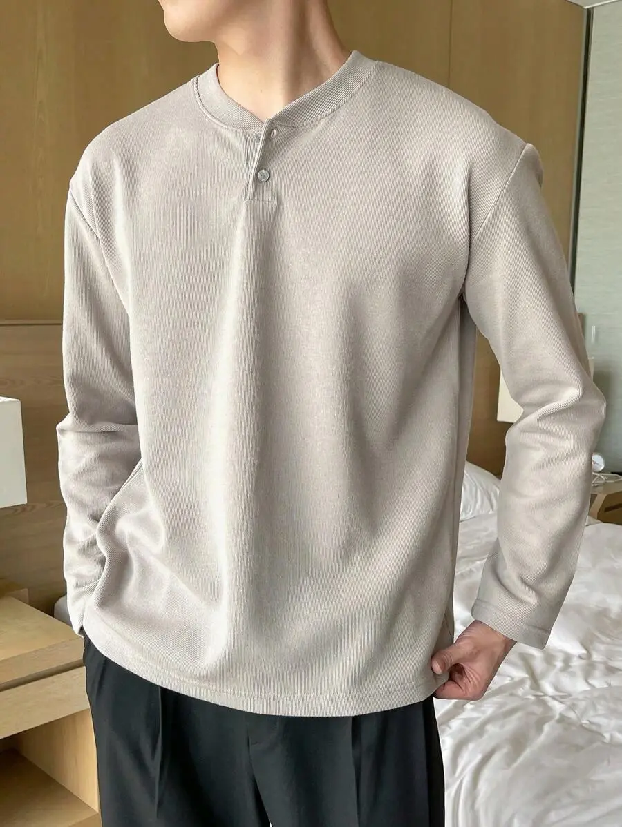 無地 ハーフボタン 秋 長袖 Tシャツ