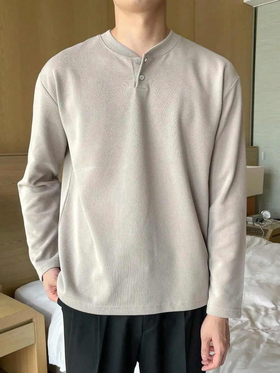 無地 ハーフボタン 秋 長袖 Tシャツ