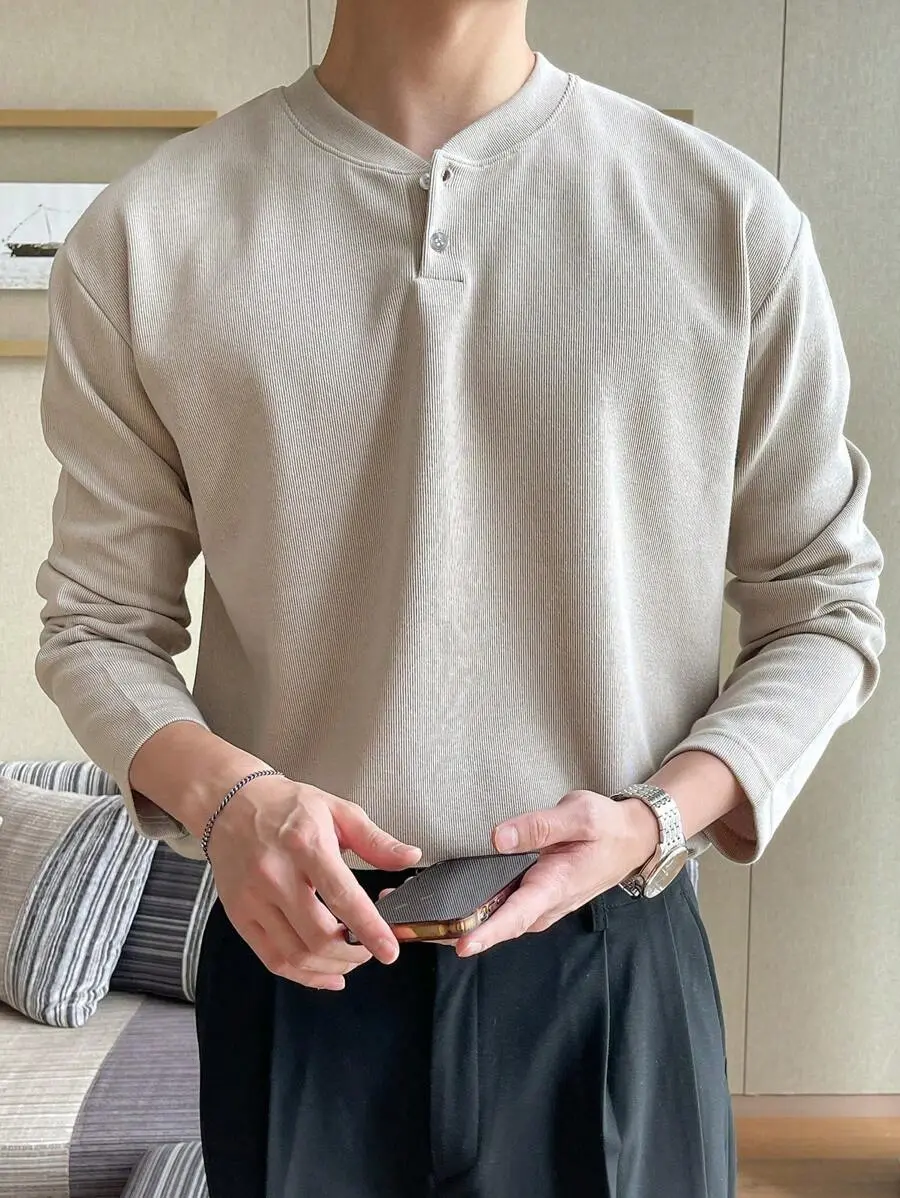 無地 ハーフボタン 秋 長袖 Tシャツ