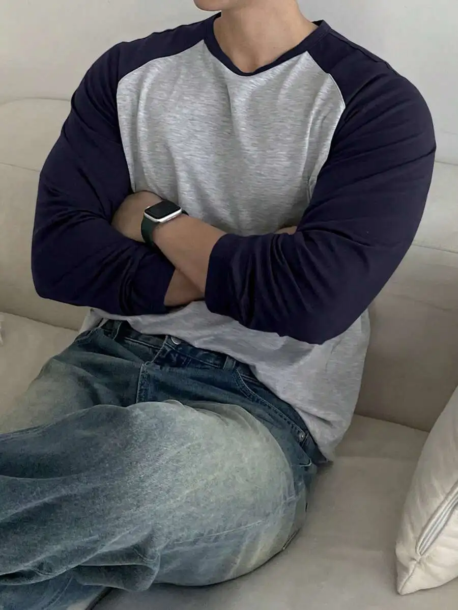 クルーネック カジュアル コントラストカラー 長袖 Tシャツ