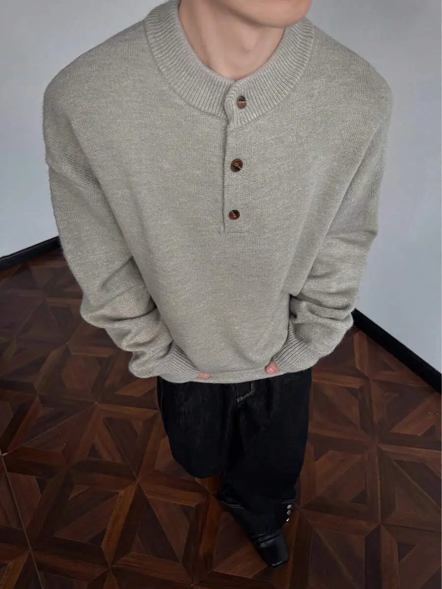 グレークルーネック 暖かい ボタン付き襟デザイン カジュアル シンプル  デイリー 長袖 ニットセーター