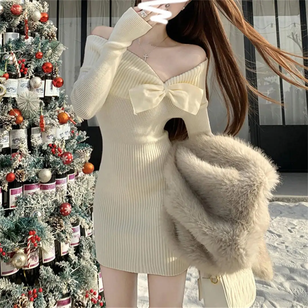 クリスマス リボン ボディコン ニット レッド アプリコット ワンピース