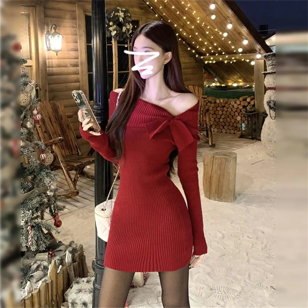 クリスマス リボン ボディコン ニット レッド アプリコット ワンピース