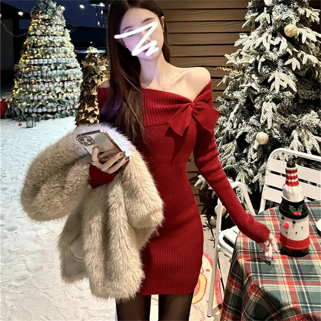クリスマス リボン ボディコン ニット レッド アプリコット ワンピース