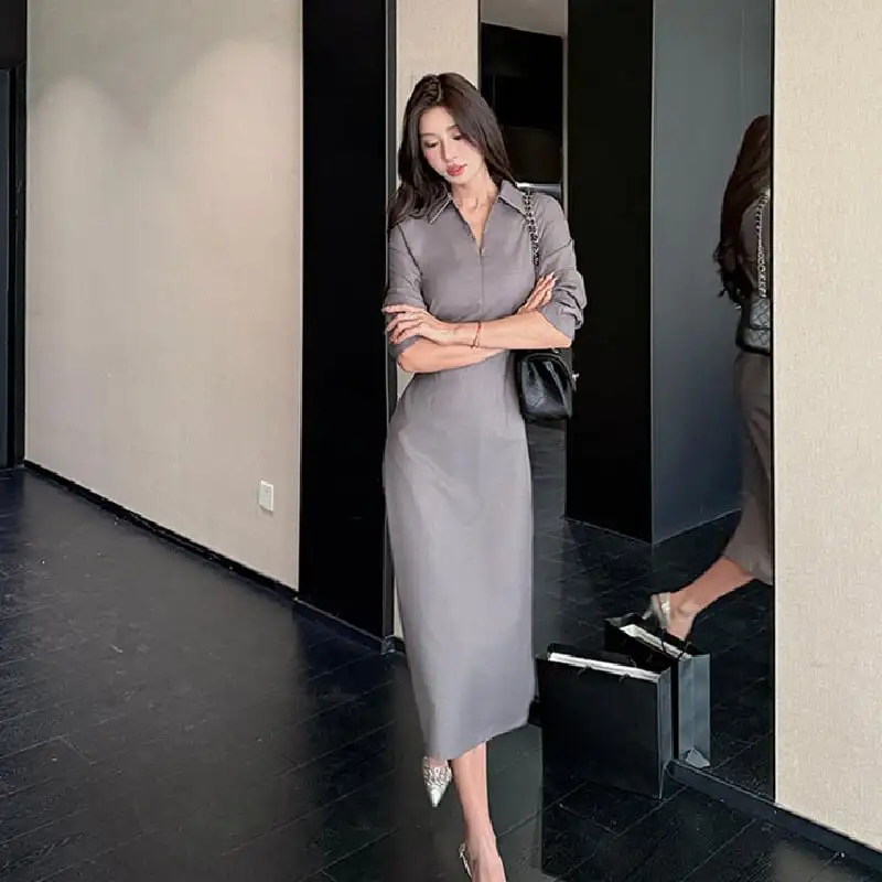 OL風 シャツワンピース スリット ハイウエスト グレー