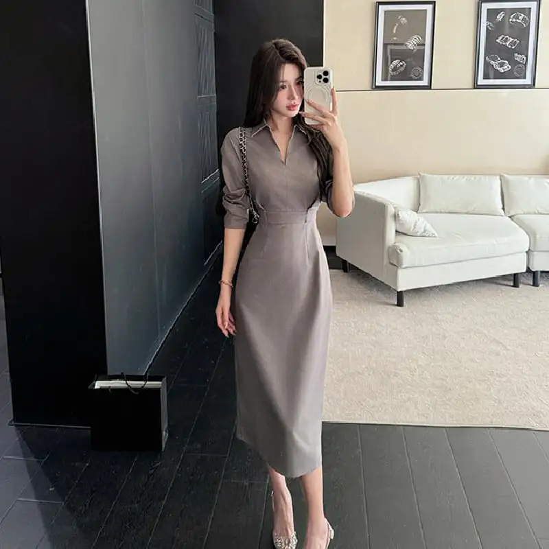 OL風 シャツワンピース スリット ハイウエスト グレー