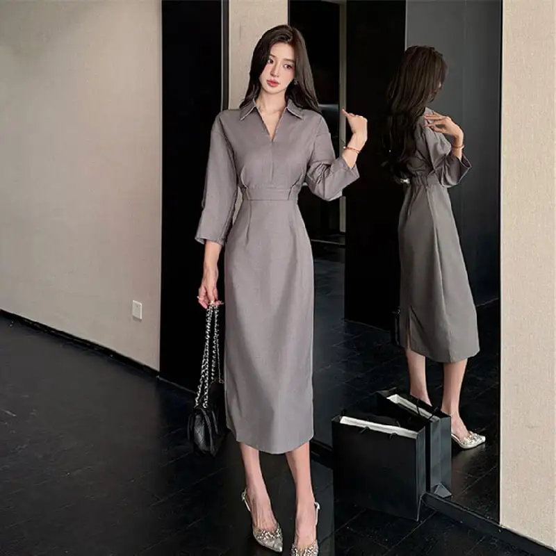 OL風 シャツワンピース スリット ハイウエスト グレー