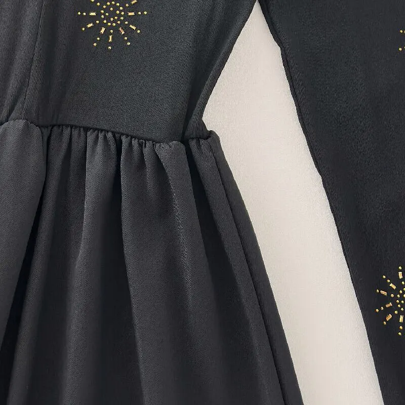 ワンピース 気品 Vネック シールスパンコール加工 ブラック