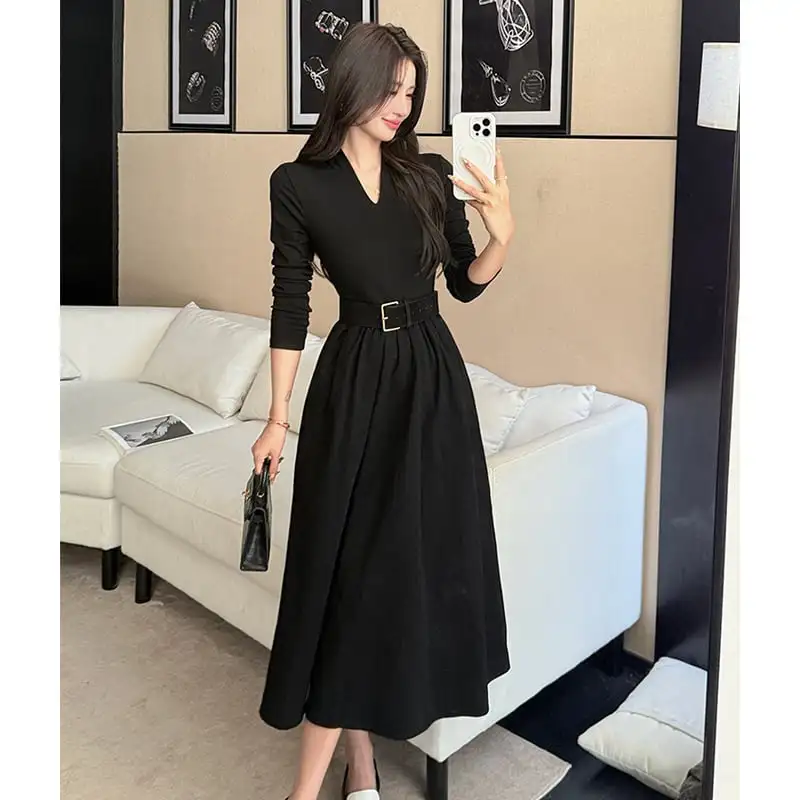 ワンピース 2色展開 Vネック 通勤 コーヒー色 ブラック