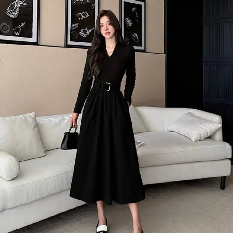 ワンピース 2色展開 Vネック 通勤 コーヒー色 ブラック