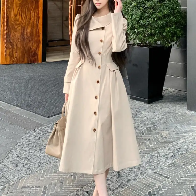 トレンチ風ワンピース 大人カジュアル すっきり ダークベージュ