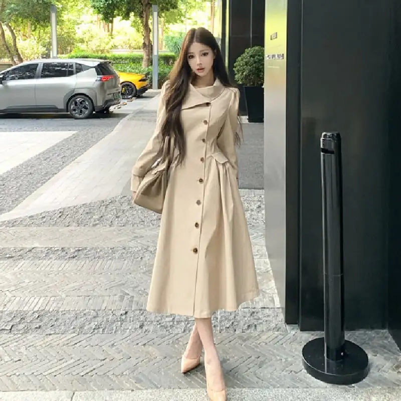 トレンチ風ワンピース 大人カジュアル すっきり ダークベージュ