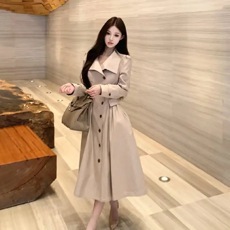 トレンチ風ワンピース 大人カジュアル すっきり ダークベージュ