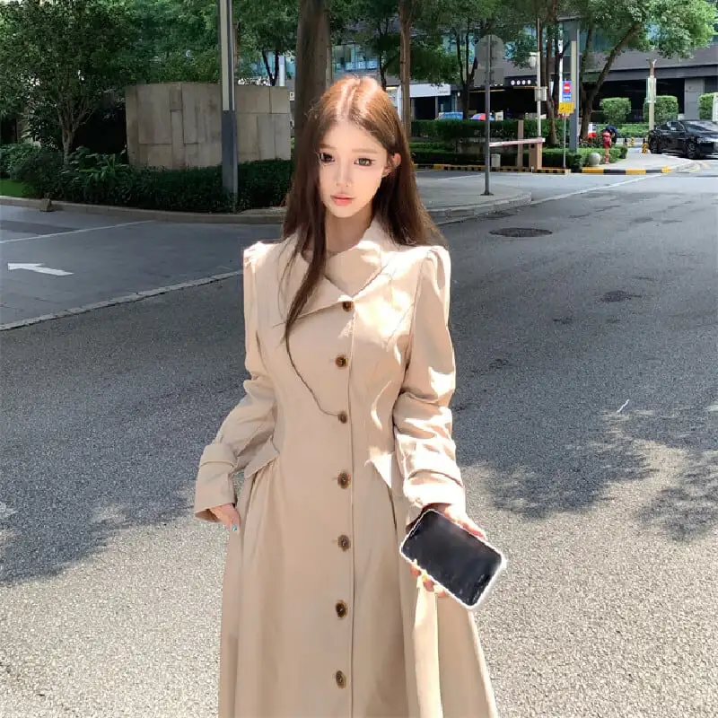 トレンチ風ワンピース 大人カジュアル すっきり ダークベージュ