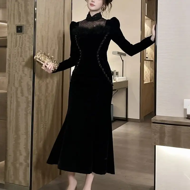 ワンピース ベルベット レトロ メッシュ ブラック