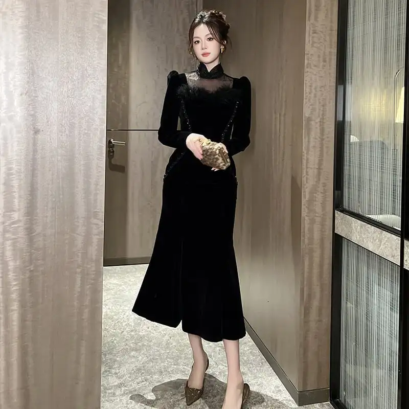 ワンピース ベルベット レトロ メッシュ ブラック