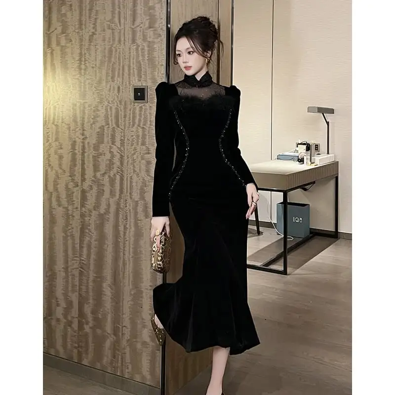 ワンピース ベルベット レトロ メッシュ ブラック