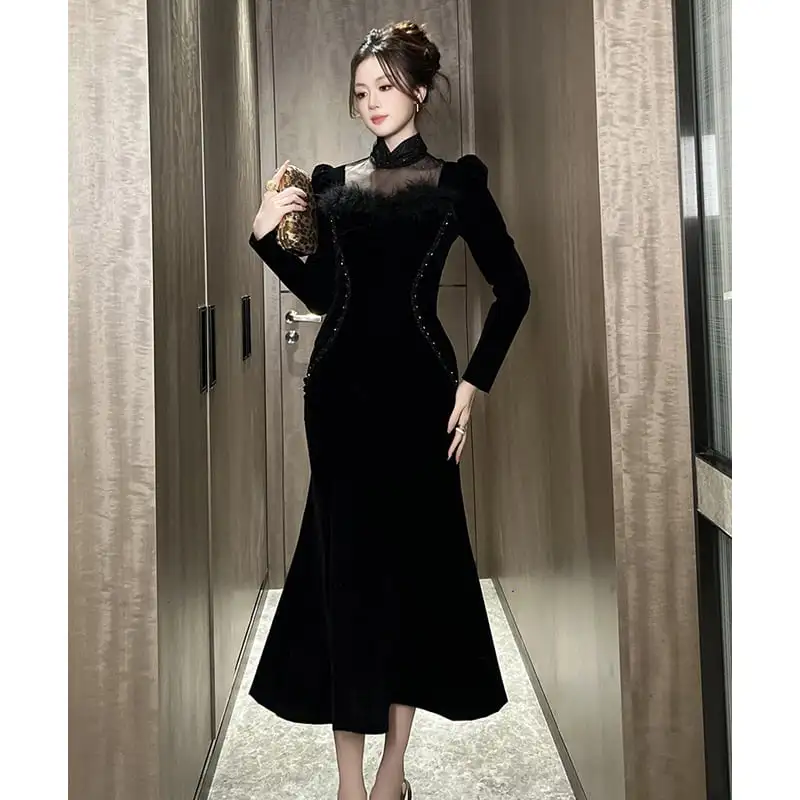 ワンピース ベルベット レトロ メッシュ ブラック