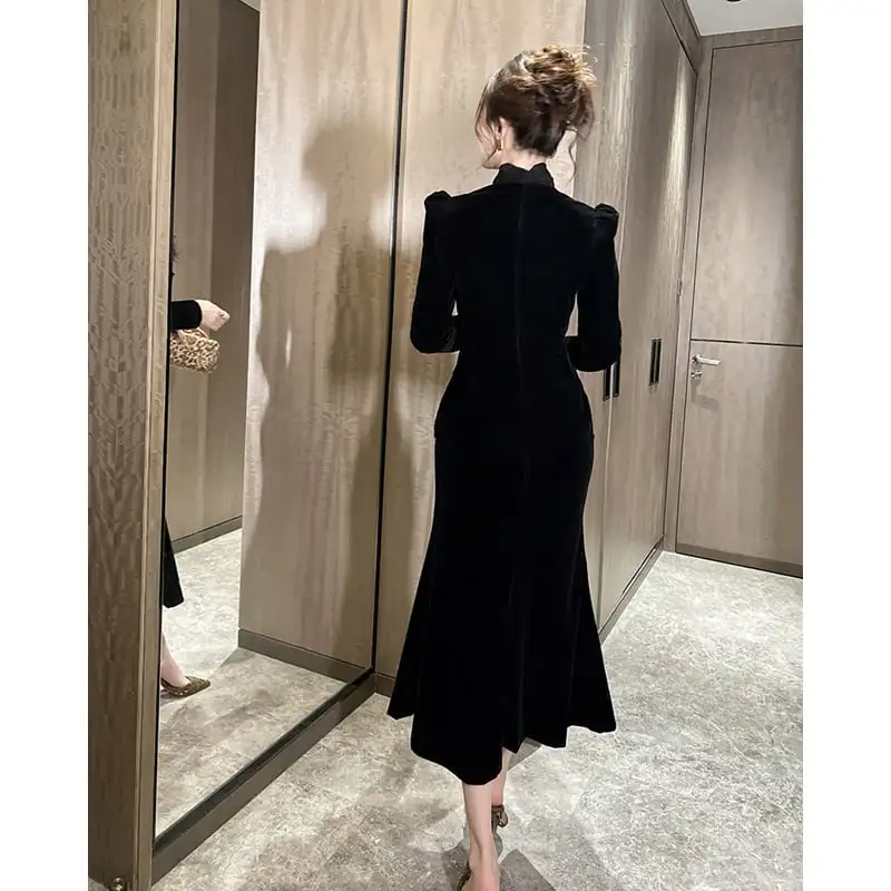 ワンピース ベルベット レトロ メッシュ ブラック