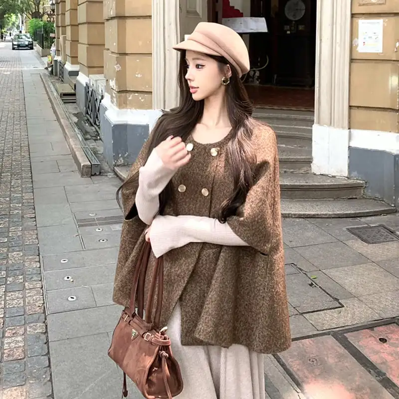 アウター ケープ風ポンチョコート ダブルブレスト レトロ コーヒー色