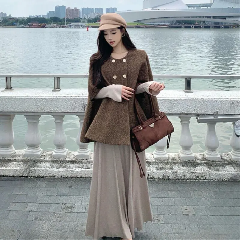 アウター ケープ風ポンチョコート ダブルブレスト レトロ コーヒー色