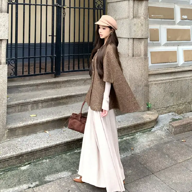 アウター ケープ風ポンチョコート ダブルブレスト レトロ コーヒー色