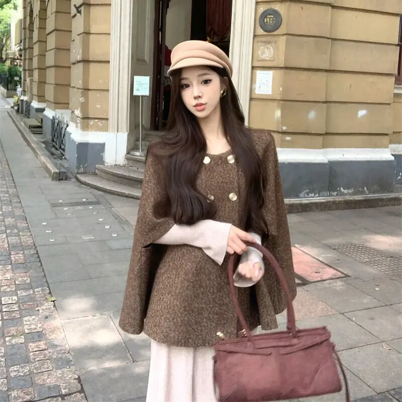 アウター ケープ風ポンチョコート ダブルブレスト レトロ コーヒー色