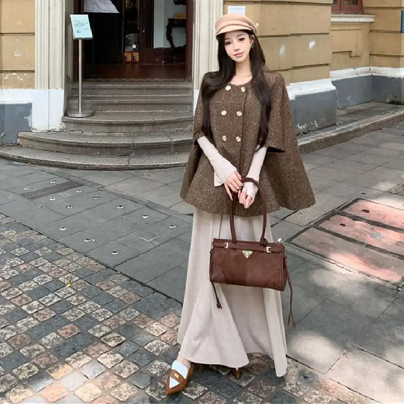 アウター ケープ風ポンチョコート ダブルブレスト レトロ コーヒー色