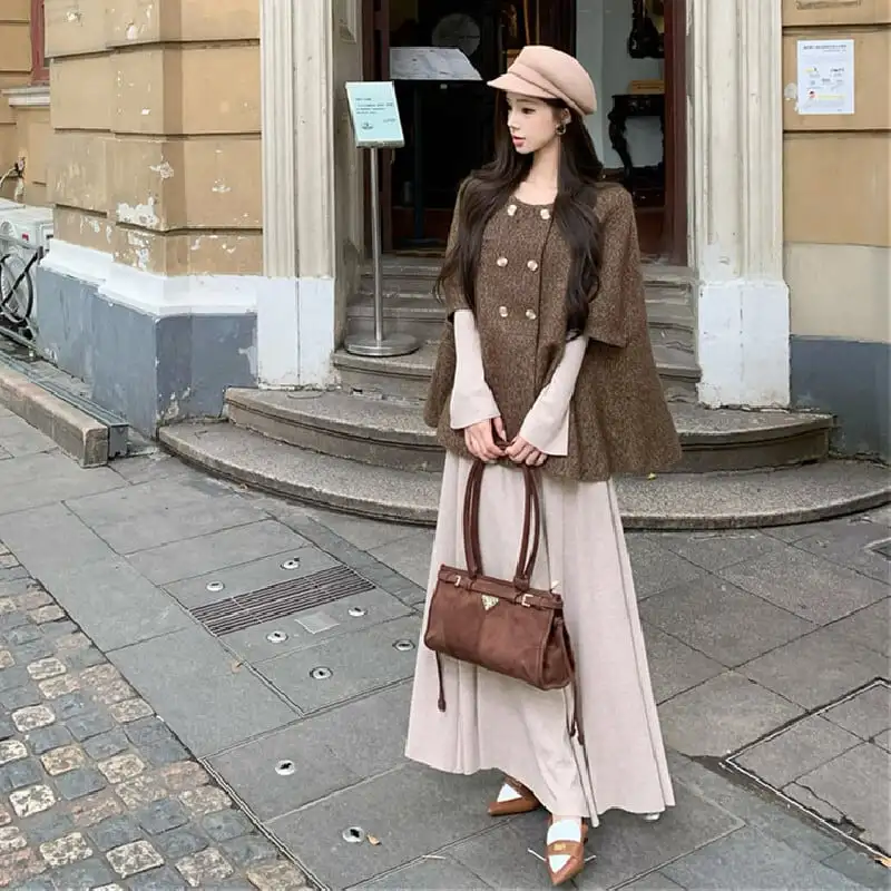 アウター ケープ風ポンチョコート ダブルブレスト レトロ コーヒー色