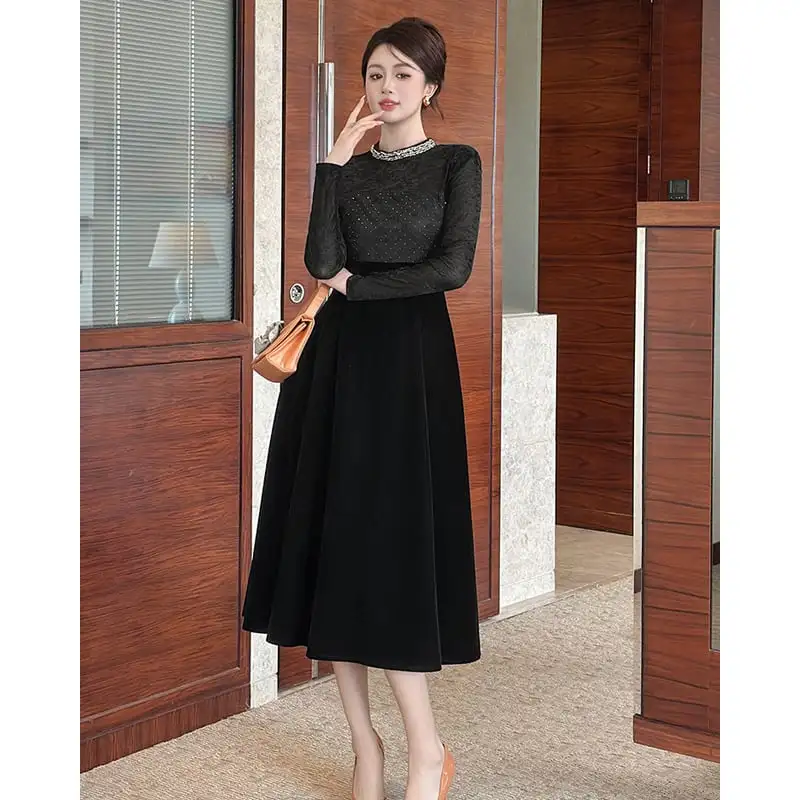 ワンピース ハイウエスト ラウンドネック レトロ ブラック