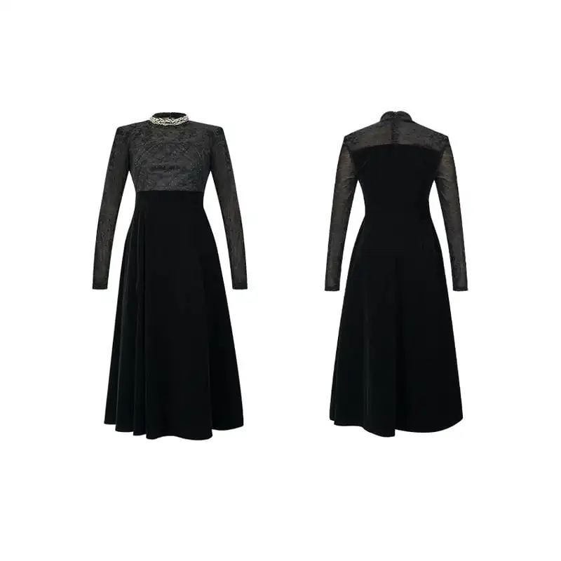 ワンピース ハイウエスト ラウンドネック レトロ ブラック