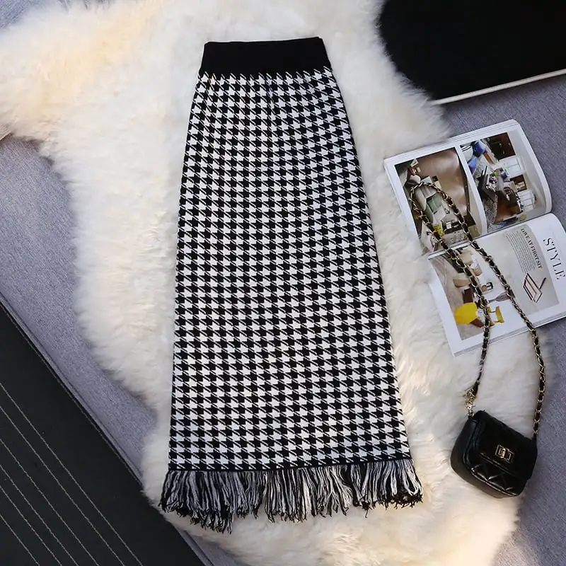 ボトムス スカート 千鳥格子柄 ニット 不規則 ハイウエスト ブラック