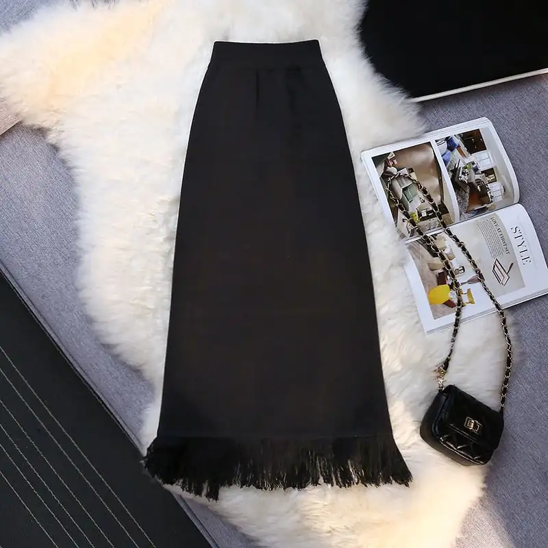 ボトムス スカート 千鳥格子柄 ニット 不規則 ハイウエスト ブラック