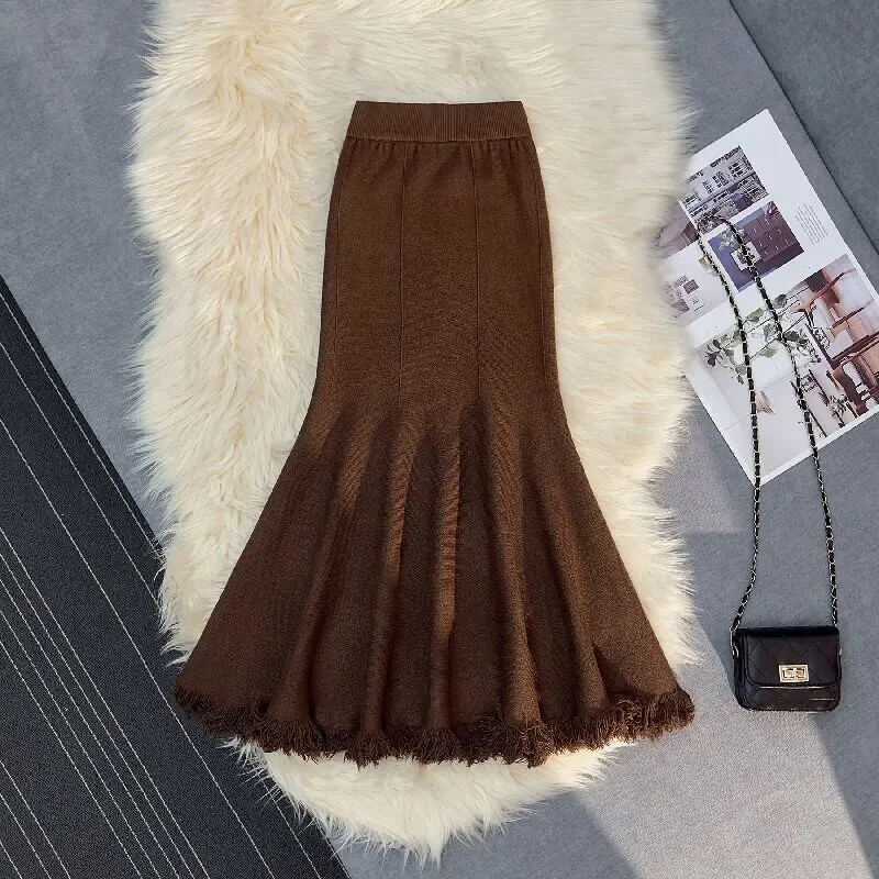 4colors スカート マーメイド ニット フリンジ ホワイト ベージュ ブラック コーヒー色