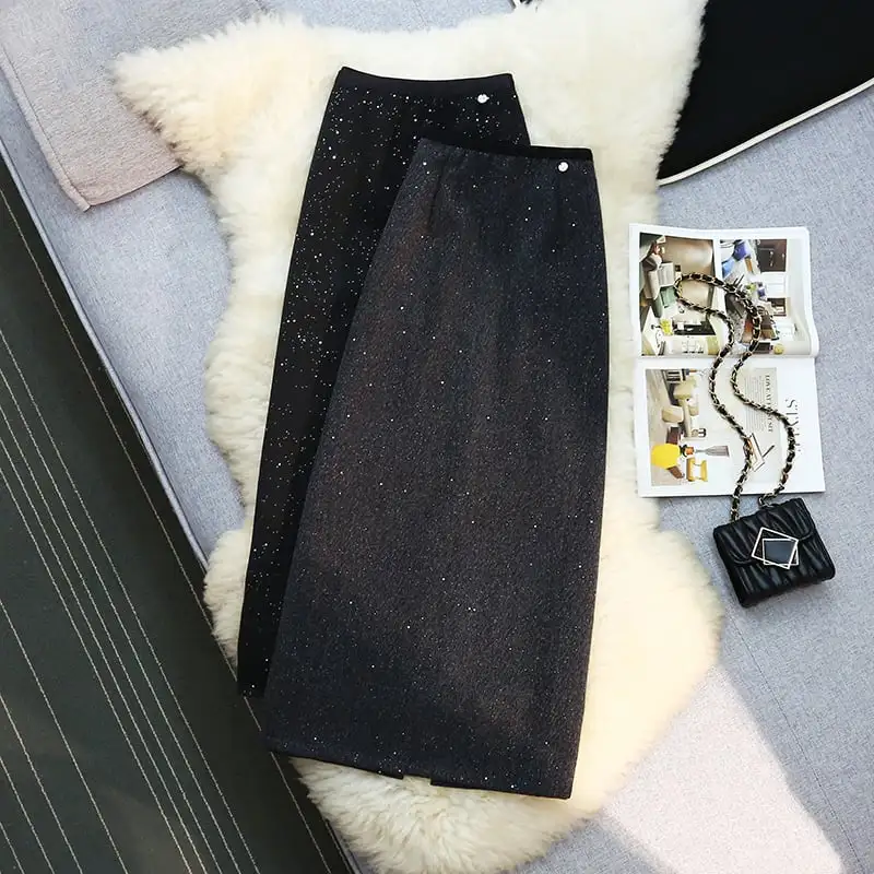 ボトムス スカート スパンコール バックスリット ダークグレー ブラック