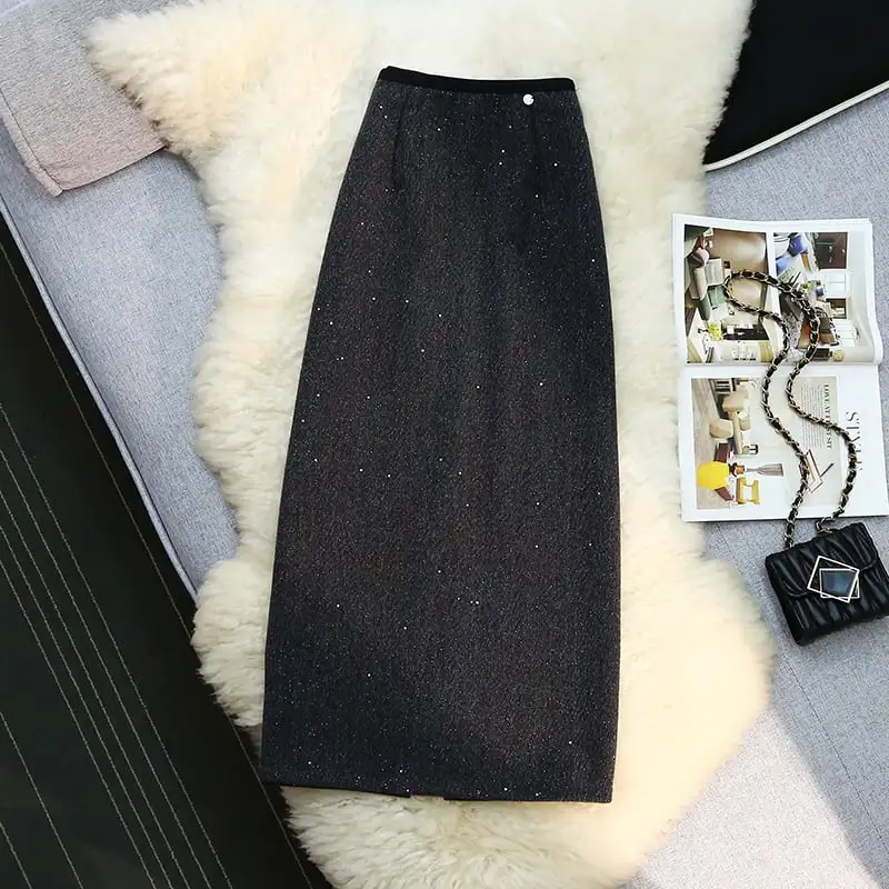 ボトムス スカート スパンコール バックスリット ダークグレー ブラック