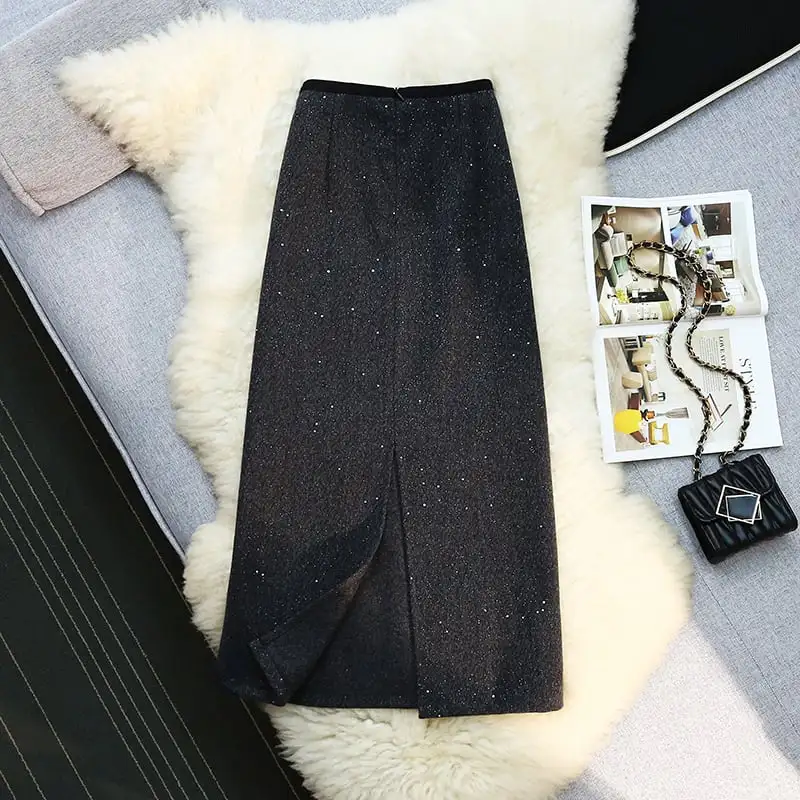 ボトムス スカート スパンコール バックスリット ダークグレー ブラック