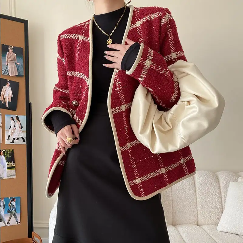 アウター ジャケット チェック柄 綿入れ 目を奪われる レッド