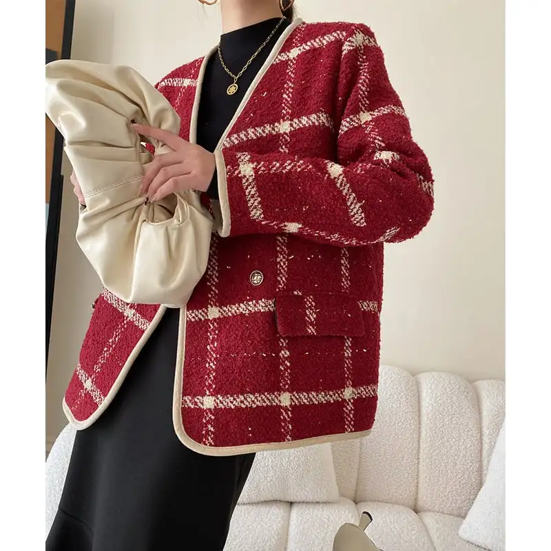 アウター ジャケット チェック柄 綿入れ 目を奪われる レッド