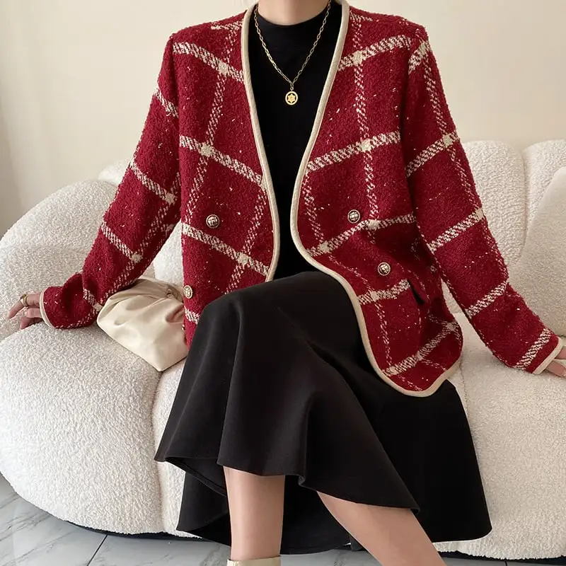 アウター ジャケット チェック柄 綿入れ 目を奪われる レッド