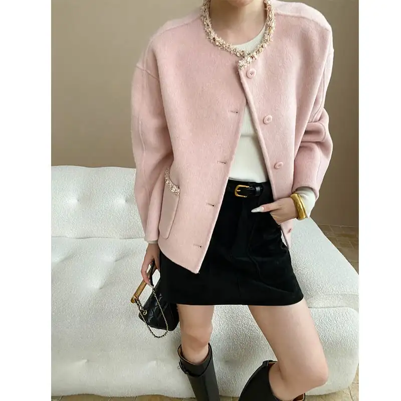 アウター ジャケット ダブルクロス 貝殻レース 長袖 ピンク