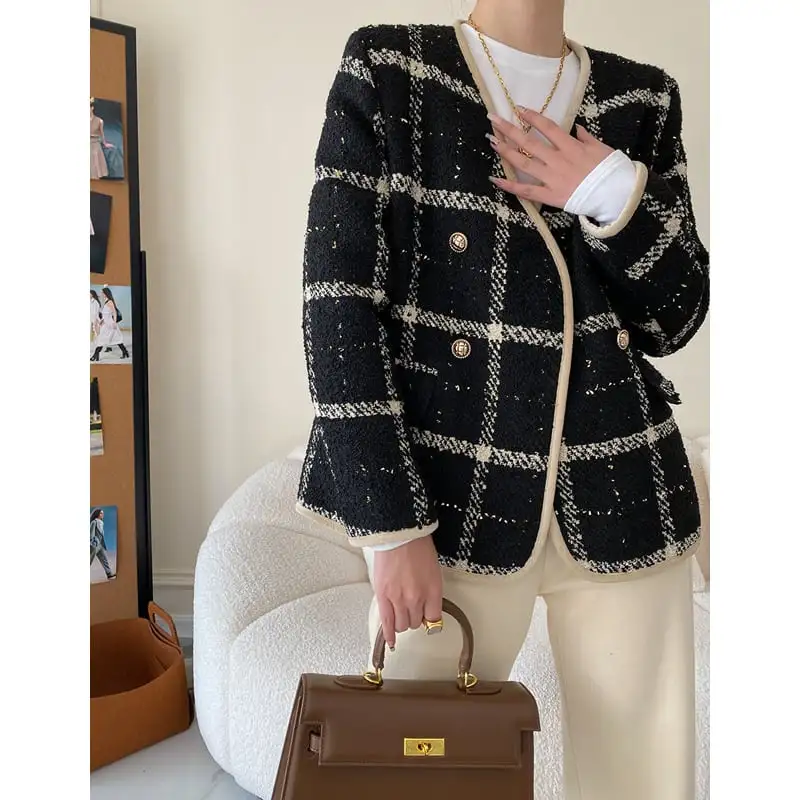 アウター ジャケット チェック柄 長袖 綿入れ ブラック