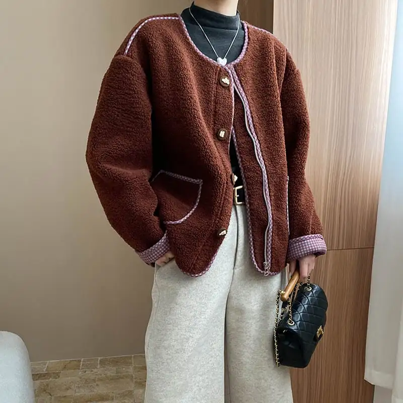 4色展開 モケット アウター ラウンドネック チェック柄 シングルブレスト