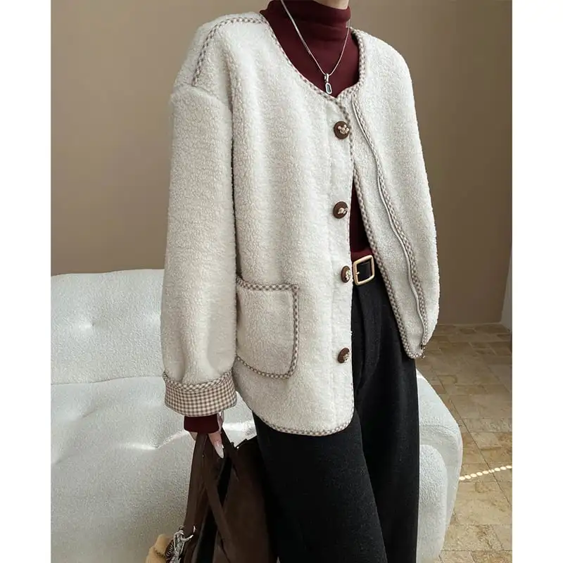 4色展開 モケット アウター ラウンドネック チェック柄 シングルブレスト