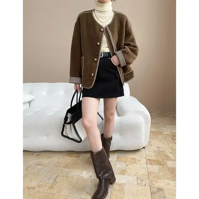 4色展開 モケット アウター ラウンドネック チェック柄 シングルブレスト