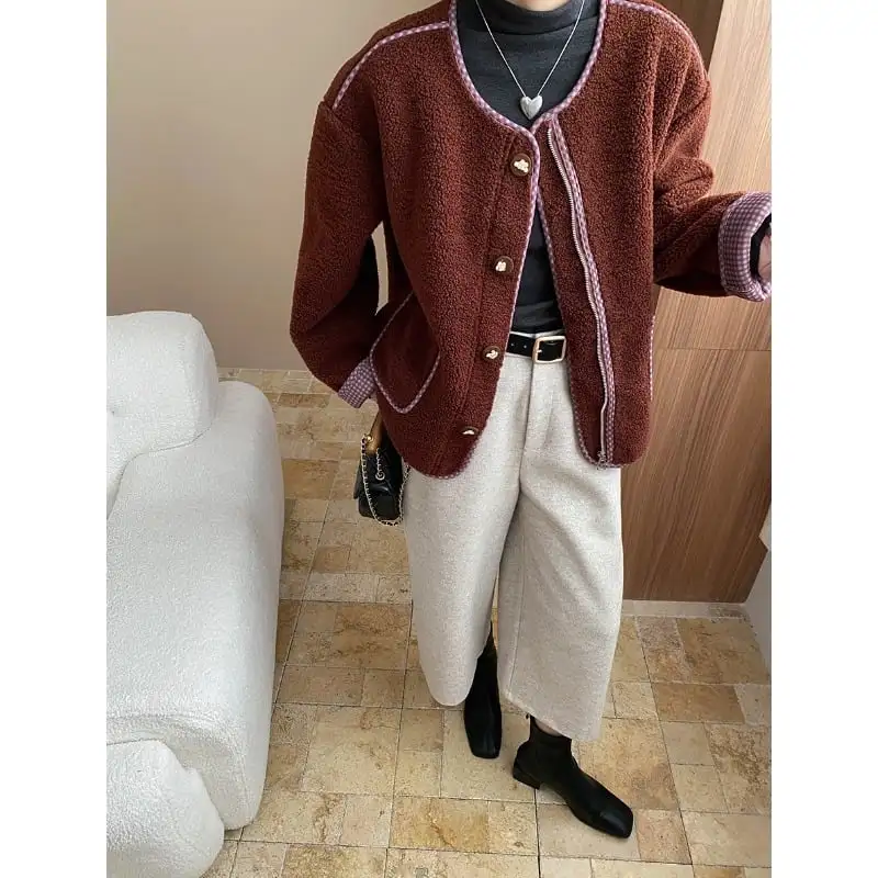 4色展開 モケット アウター ラウンドネック チェック柄 シングルブレスト