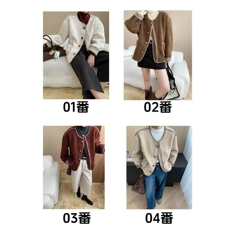 4色展開 モケット アウター ラウンドネック チェック柄 シングルブレスト