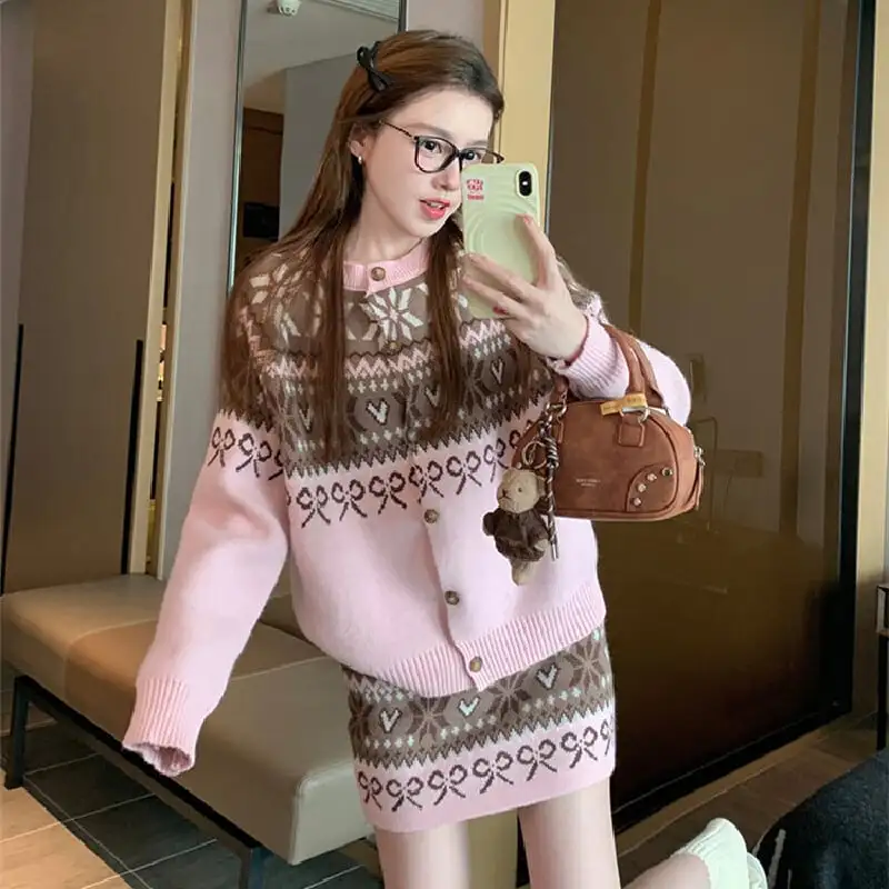 セットアップ トップス+スカート ニット 配色 ボヘミアン ピンク レッド